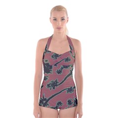 Tropical Style Floral Motif Print Pattern Boyleg Halter Swimsuit 