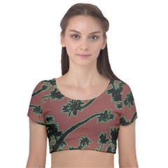 Tropical Style Floral Motif Print Pattern Velvet Short Sleeve Crop Top  by dflcprintsclothing