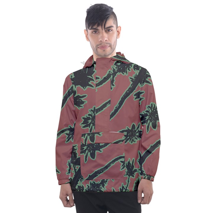 Tropical Style Floral Motif Print Pattern Men s Front Pocket Pullover Windbreaker