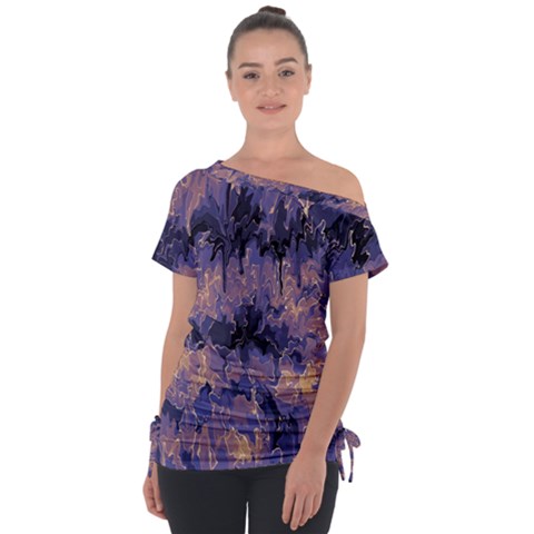 Purple And Yellow Abstract Off Shoulder Tie-up Tee by Dazzleway