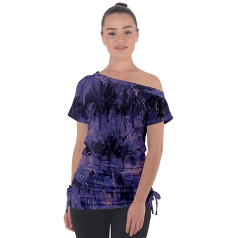 Purple And Yellow Abstract Off Shoulder Tie-up Tee by Dazzleway