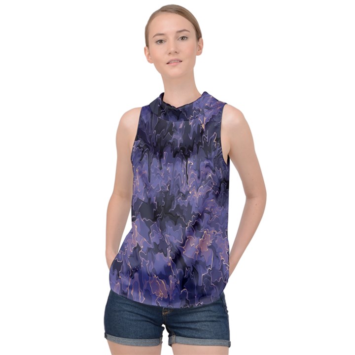 Purple and yellow abstract High Neck Satin Top