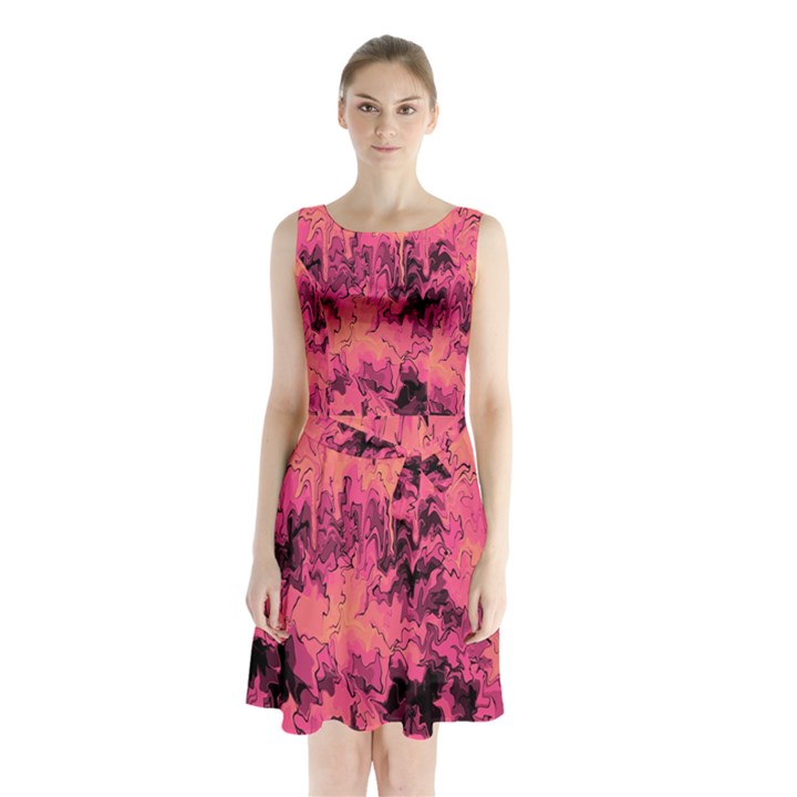 Pink abstract Sleeveless Waist Tie Chiffon Dress