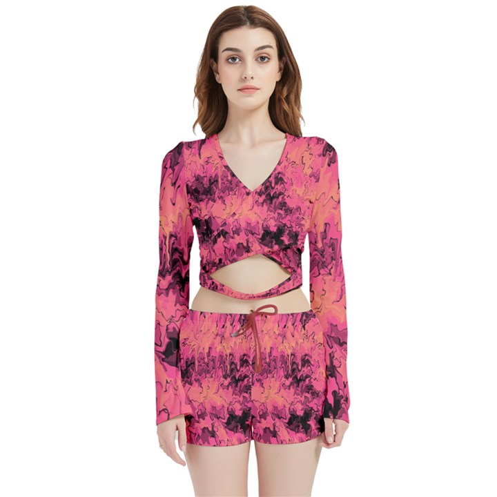 Pink abstract Velvet Wrap Crop Top and Shorts Set