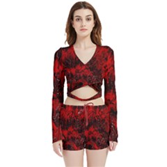 Red Abstract Velvet Wrap Crop Top And Shorts Set by Dazzleway