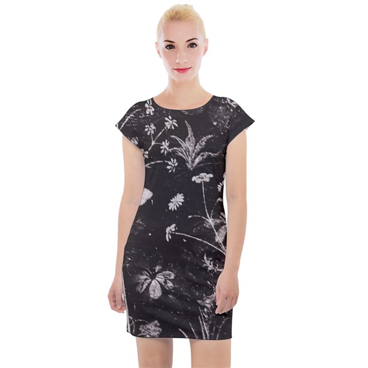 Dark Floral Artwork Cap Sleeve Bodycon Dress