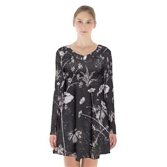 Dark Floral Artwork Long Sleeve Velvet V-neck Dress