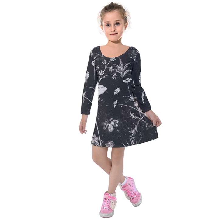 Dark Floral Artwork Kids  Long Sleeve Velvet Dress