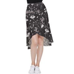 Dark Floral Artwork Frill Hi Low Chiffon Skirt