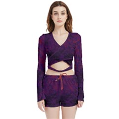 Red And Purple Abstract Velvet Wrap Crop Top And Shorts Set