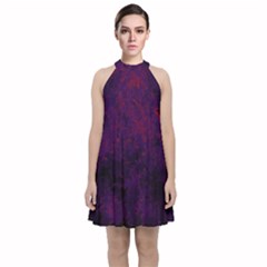 Red And Purple Abstract Velvet Halter Neckline Dress  by Dazzleway