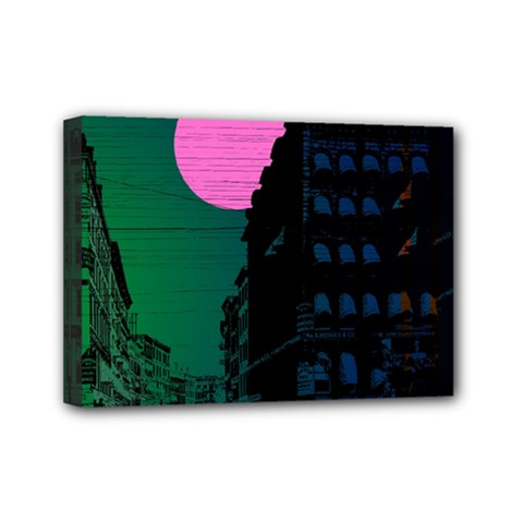 Vaporwave Old Moon Over Nyc Mini Canvas 7  X 5  (stretched) by WetdryvacsLair