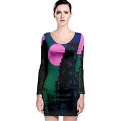 Vaporwave Old Moon Over Nyc Long Sleeve Bodycon Dress by WetdryvacsLair