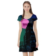 Vaporwave Old Moon Over Nyc Short Sleeve Skater Dress by WetdryvacsLair