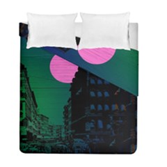 Vaporwave Old Moon Over Nyc Duvet Cover Double Side (full/ Double Size) by WetdryvacsLair