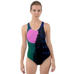 Vaporwave Old Moon Over Nyc Cut-out Back One Piece Swimsuit by WetdryvacsLair