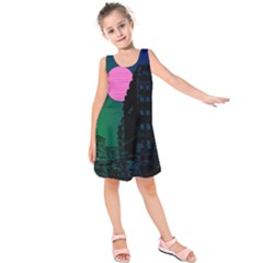 Vaporwave Old Moon Over Nyc Kids  Sleeveless Dress by WetdryvacsLair