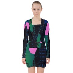 Vaporwave Old Moon Over Nyc V-neck Bodycon Long Sleeve Dress by WetdryvacsLair