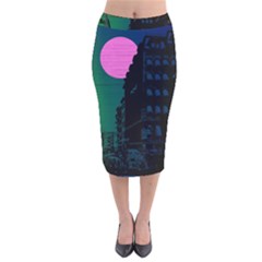 Vaporwave Old Moon Over Nyc Velvet Midi Pencil Skirt by WetdryvacsLair