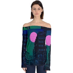 Vaporwave Old Moon Over Nyc Off Shoulder Long Sleeve Top by WetdryvacsLair