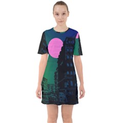 Vaporwave Old Moon Over Nyc Sixties Short Sleeve Mini Dress by WetdryvacsLair