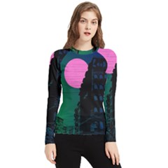 Vaporwave Old Moon Over Nyc Women s Long Sleeve Rash Guard