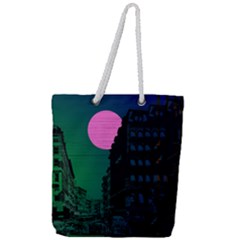 Vaporwave Old Moon Over Nyc Full Print Rope Handle Tote (large) by WetdryvacsLair