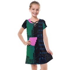 Vaporwave Old Moon Over Nyc Kids  Cross Web Dress by WetdryvacsLair