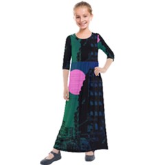 Vaporwave Old Moon Over Nyc Kids  Quarter Sleeve Maxi Dress by WetdryvacsLair