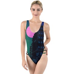 Vaporwave Old Moon Over Nyc High Leg Strappy Swimsuit by WetdryvacsLair