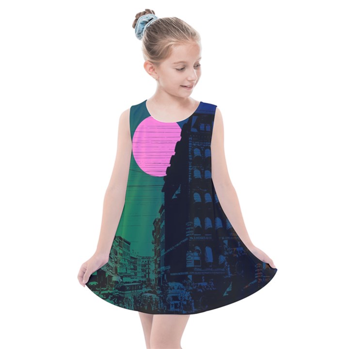 Vaporwave Old Moon Over NYC Kids  Summer Dress