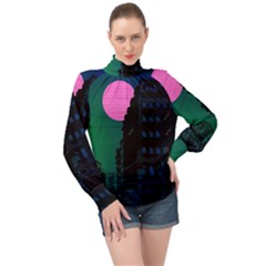 Vaporwave Old Moon Over Nyc High Neck Long Sleeve Chiffon Top by WetdryvacsLair