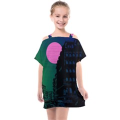 Vaporwave Old Moon Over Nyc Kids  One Piece Chiffon Dress by WetdryvacsLair