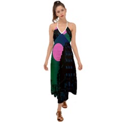 Vaporwave Old Moon Over Nyc Halter Tie Back Dress  by WetdryvacsLair