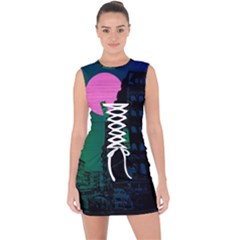 Vaporwave Old Moon Over Nyc Lace Up Front Bodycon Dress by WetdryvacsLair