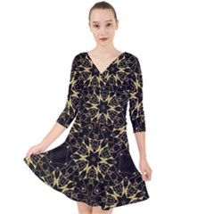 Black And Gold Pattern Quarter Sleeve Front Wrap Dress by Dazzleway