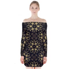 Black And Gold Pattern Long Sleeve Off Shoulder Dress by Dazzleway