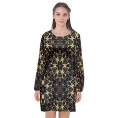 Black And Gold Pattern Long Sleeve Chiffon Shift Dress  by Dazzleway