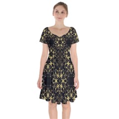 Black And Gold Pattern Short Sleeve Bardot Dress by Dazzleway