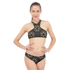 Black And Gold Pattern High Neck Bikini Set by Dazzleway