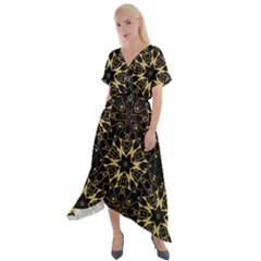 Black And Gold Pattern Cross Front Sharkbite Hem Maxi Dress by Dazzleway