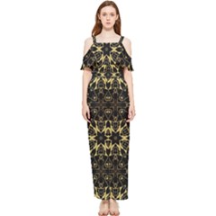 Black And Gold Pattern Draped Sleeveless Chiffon Jumpsuit