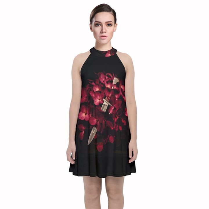 Love Deception Concept Artwork Velvet Halter Neckline Dress 