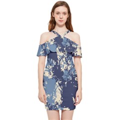 Blue Depths, Niagara & Almond Oil Shoulder Frill Bodycon Summer Dress