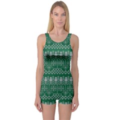 Christmas Knit Digital One Piece Boyleg Swimsuit by Mariart