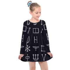 Heinrich Cornelius Agrippa Of Occult Philosophy 1651 Malachim Alphabet Collected Inverted Square Kids  Long Sleeve Dress by WetdryvacsLair