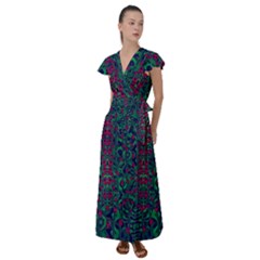 Tree Flower Paradise Of Inner Peace And Calm Pop-art Flutter Sleeve Maxi Dress by pepitasart