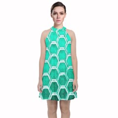 Hexagon Windows Velvet Halter Neckline Dress 