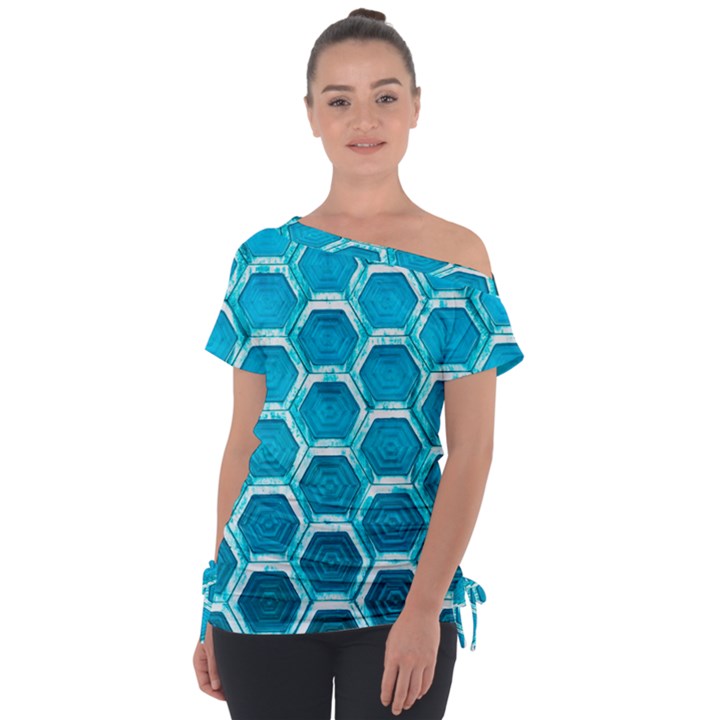 Hexagon Windows Off Shoulder Tie-Up Tee