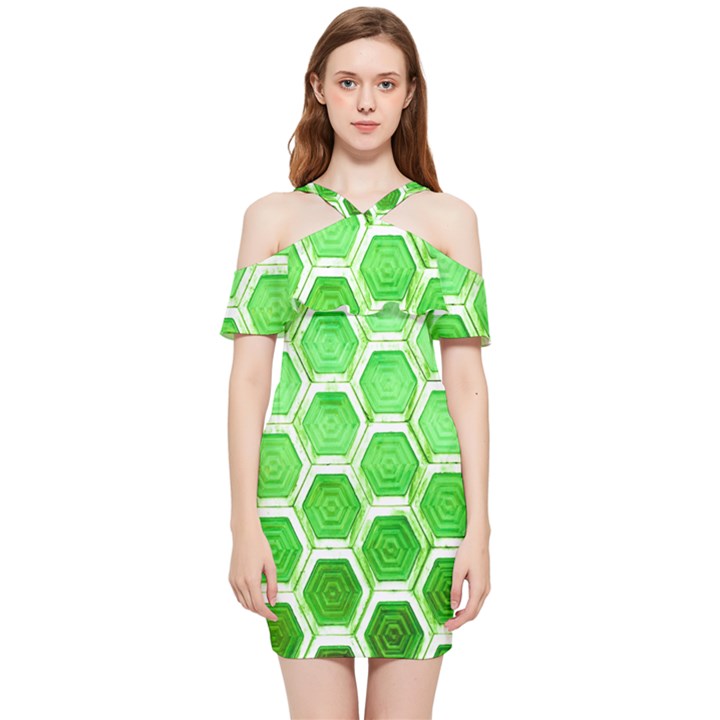 Hexagon Windows Shoulder Frill Bodycon Summer Dress